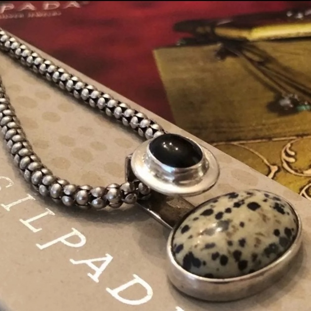 Vintage Silpada Sterling Silver Black Onyx Dalmatian Jasper Pendant Necklace